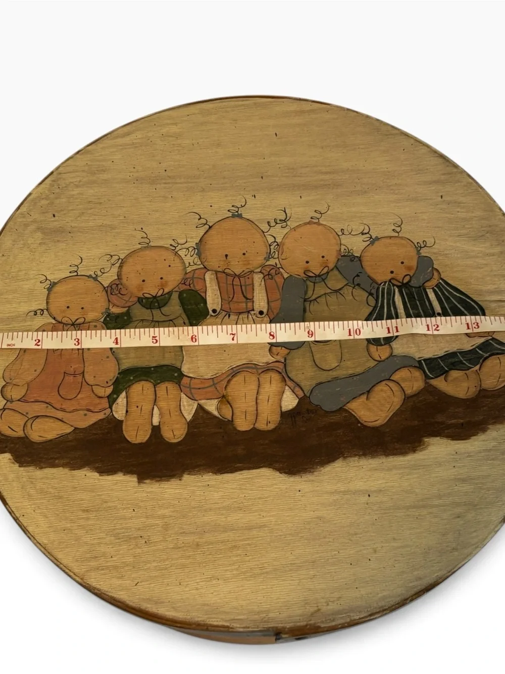 Vintage Bentwood Cheese Box Round Wooden Pantry Box Folk Art Painted Rag Dolls